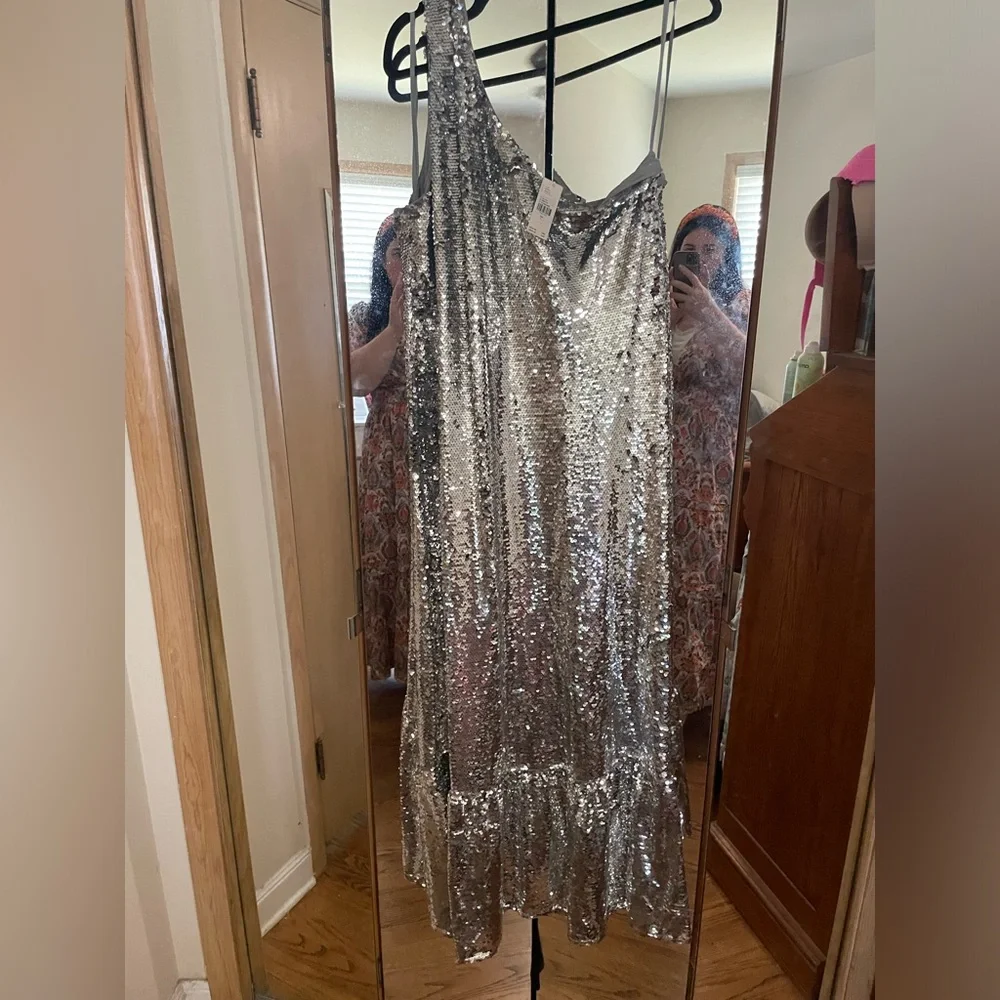 Maeve one shoulder silver sequin midi dress anthropologie sz large new nwt ✨ - Picture 14 of 14